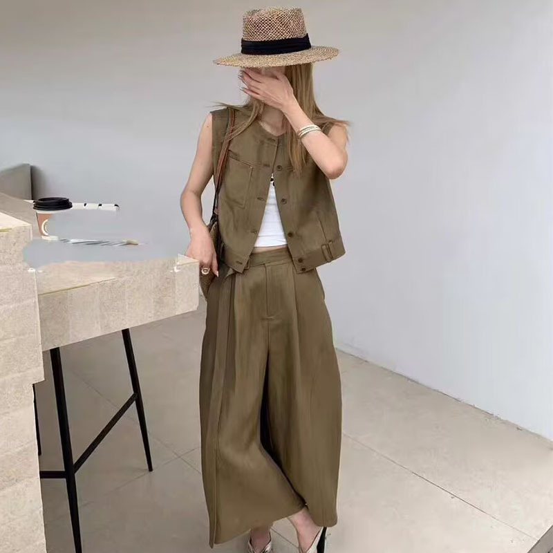 Authentic 2026 Summer Linen Elegant Sleeveless Vest Wide-Leg Pants Two-Piece Set Women's Fashionable Age-Reducing Casual Suit Authentic 2026 Summer Linen Elegant Sleeveless Vest Wide-Leg Pants Two-Piece Set Women's Fashionable Age-Reducing Casual Suit