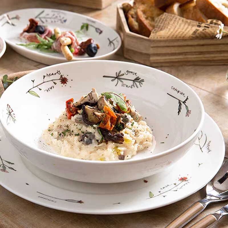 Korean Imported Zen Pastoral Floral Light Luxury Niche Ceramic Tableware Bowl and Plate Set for Home Use and Gift-Giving