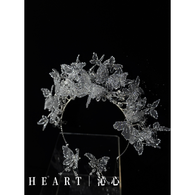 Tm｜Tulle and Rhinestone 10-Piece Bridal Crown Set (Crown + Ear Clips + Large Hair Clips + Small Hair Clips + 3 Hair Stickers)