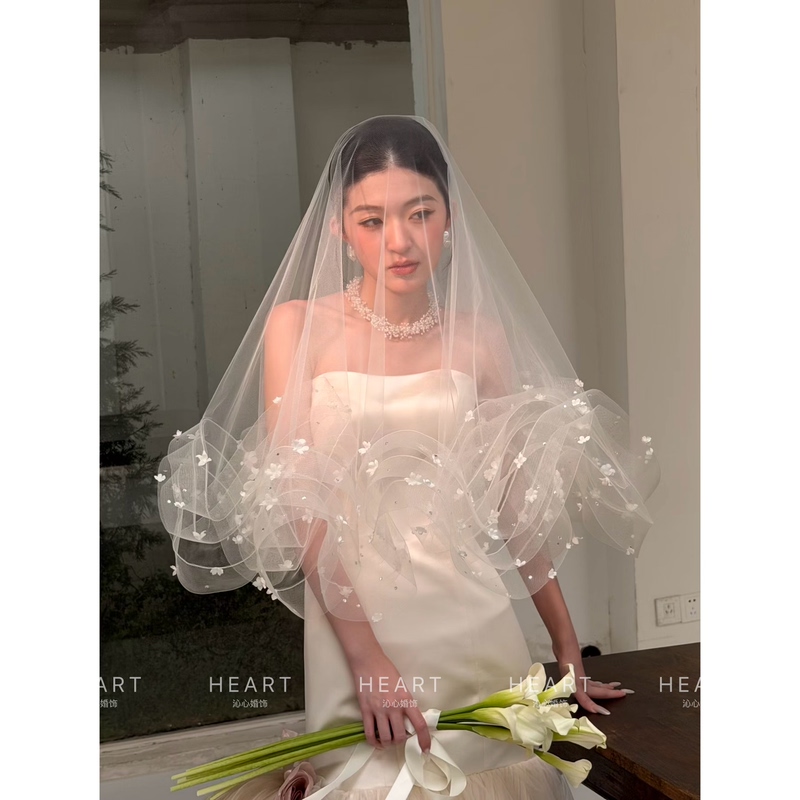 Tm｜"White Fluffy Veil" Multi-Layered Elastic Mesh Floral Design Niche Headscarf