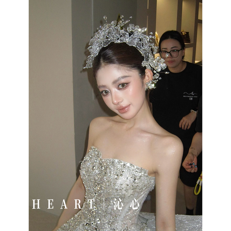 Tm｜High-End Silver-Tone Heavy-Duty Hydrogel Large Crown Bridal Crown Luxury (with Earrings)