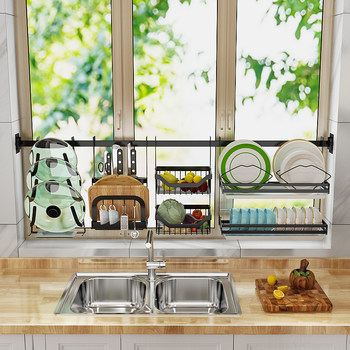 304 stainless steel black square tube cross-window kitchen storage rack wall-mounted drain bowl rack windowsill storage hanging parts