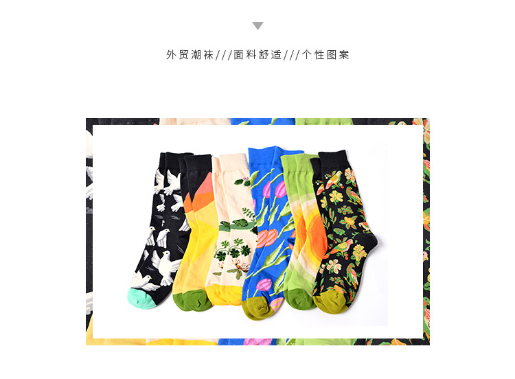Ba đôi thời trang đường phố châu Âu và Mỹ cá tính màu graffiti hoa và vớ cotton hình con chim vớ văn học retro đôi tất nam trong vớ cao - Vớ nam tất thổ cẩm