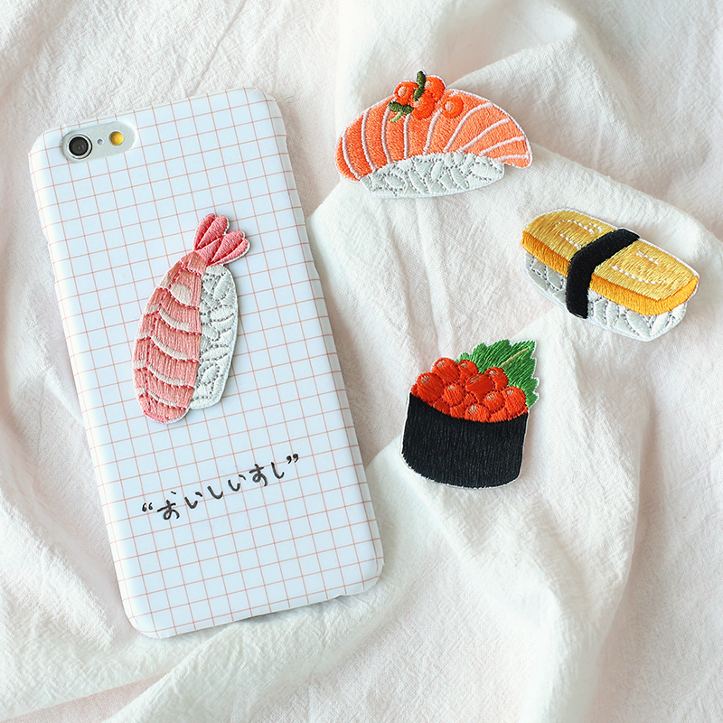Sushi Conveyor Belt Salmon Embroidery Bag Planner Pad Phone Case Self-Adhesive Fashion DIY Fabric Stickers