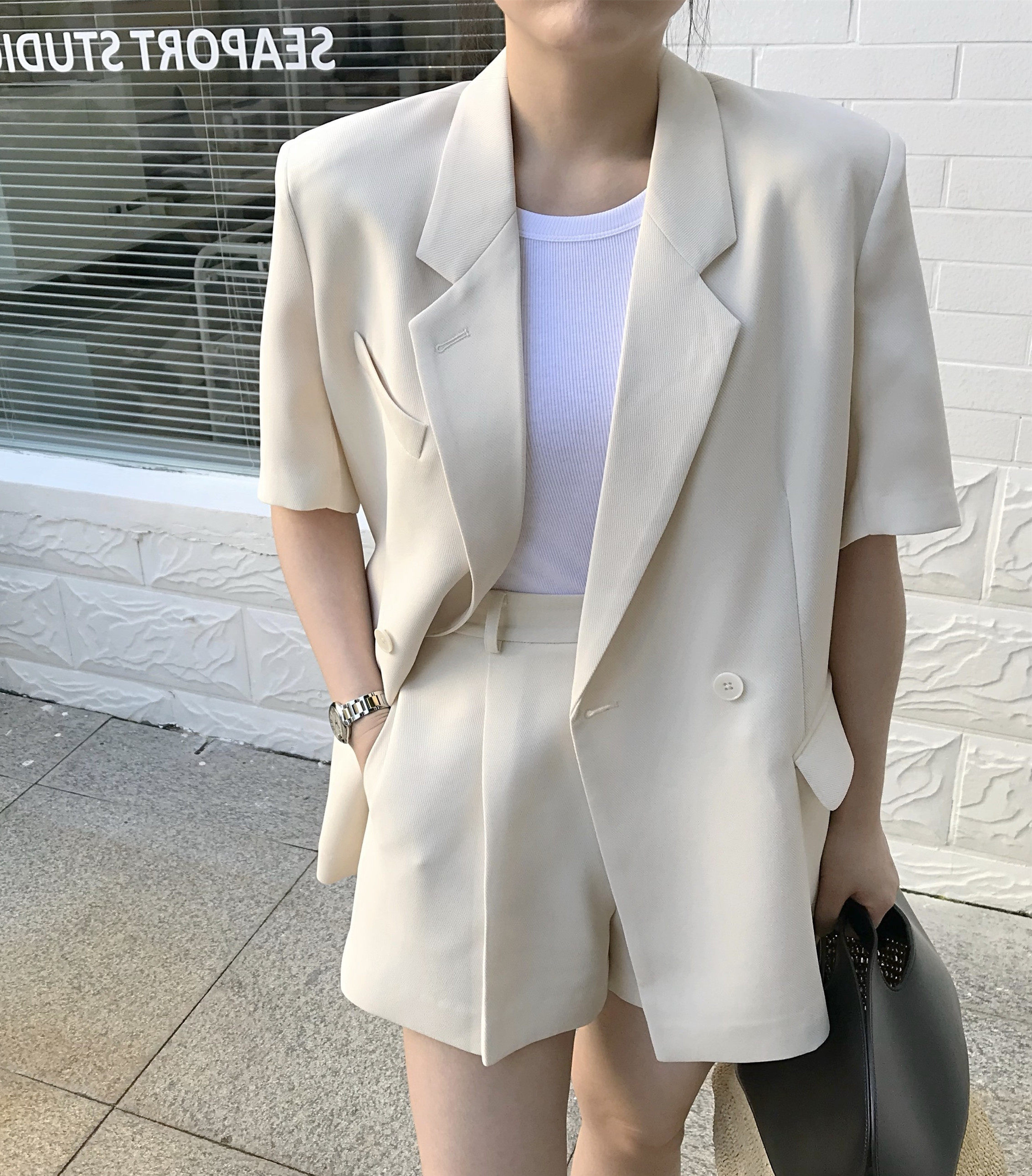 2022 large size women's dress Summer display slim short sleeve Western suit shorts Two sets Fat mm Korean version slim fit suit suit