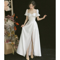 Satin French-style light wedding dress white and thin super fairy simple retro Korean style 2021 new bride going out yarn