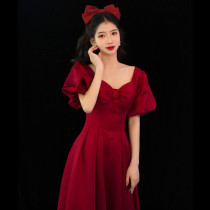 Toast Bride 2021 New Wedding Summer Wine Red Slim Engagement Long Back Bubble Sleeve Dress Dress