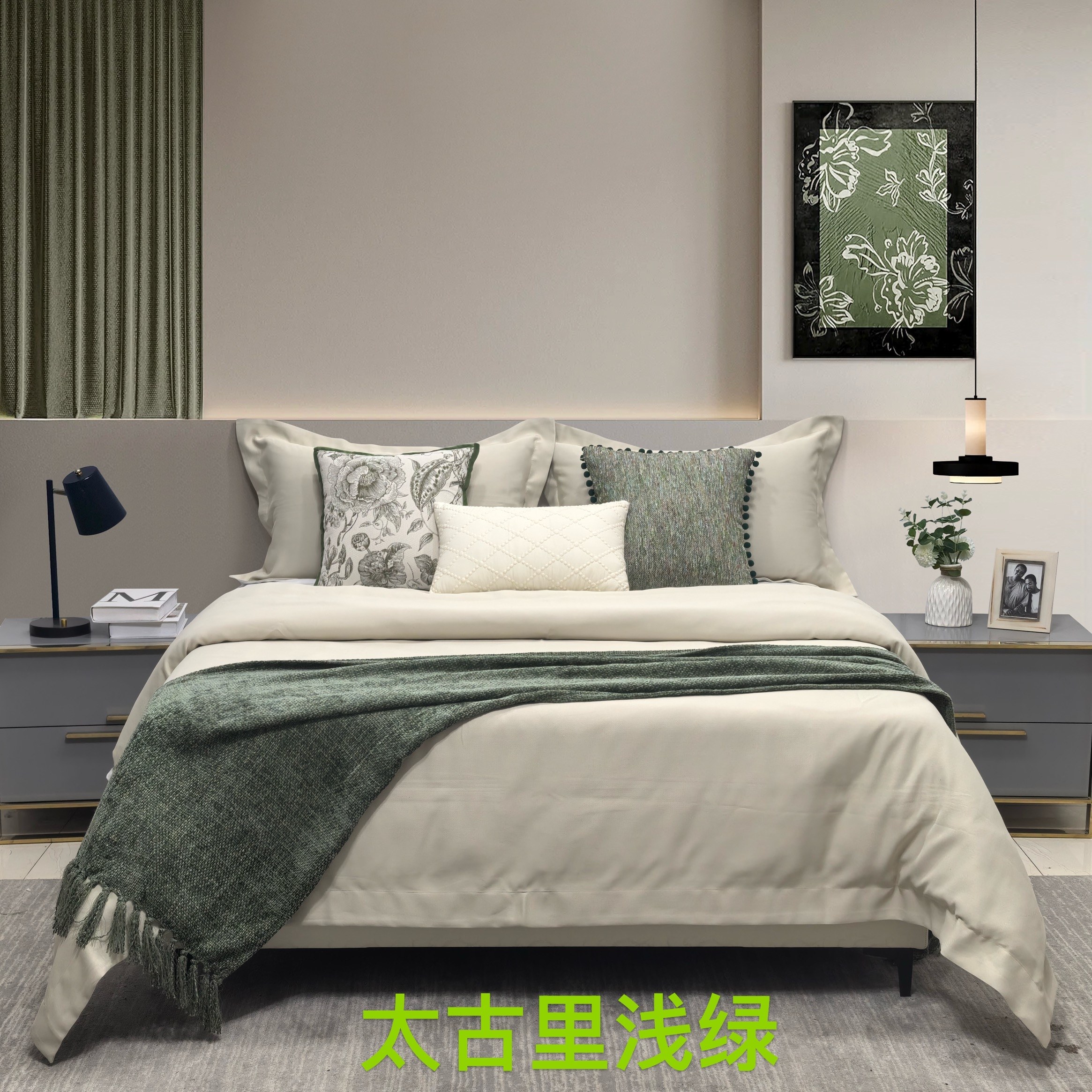 轻奢现代风格样板间床品:驼色绿搭配,打造梦幻睡眠空间🌿 -床品套件-淘宝百科网