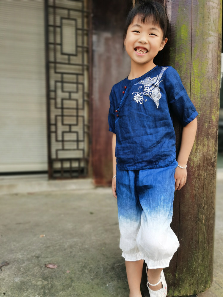 Wax Dyeing Children Suit Linen Gufa Indigo Blue Indigo Blue Indigo Unrepennant Layer Comfort New Summer Clothing