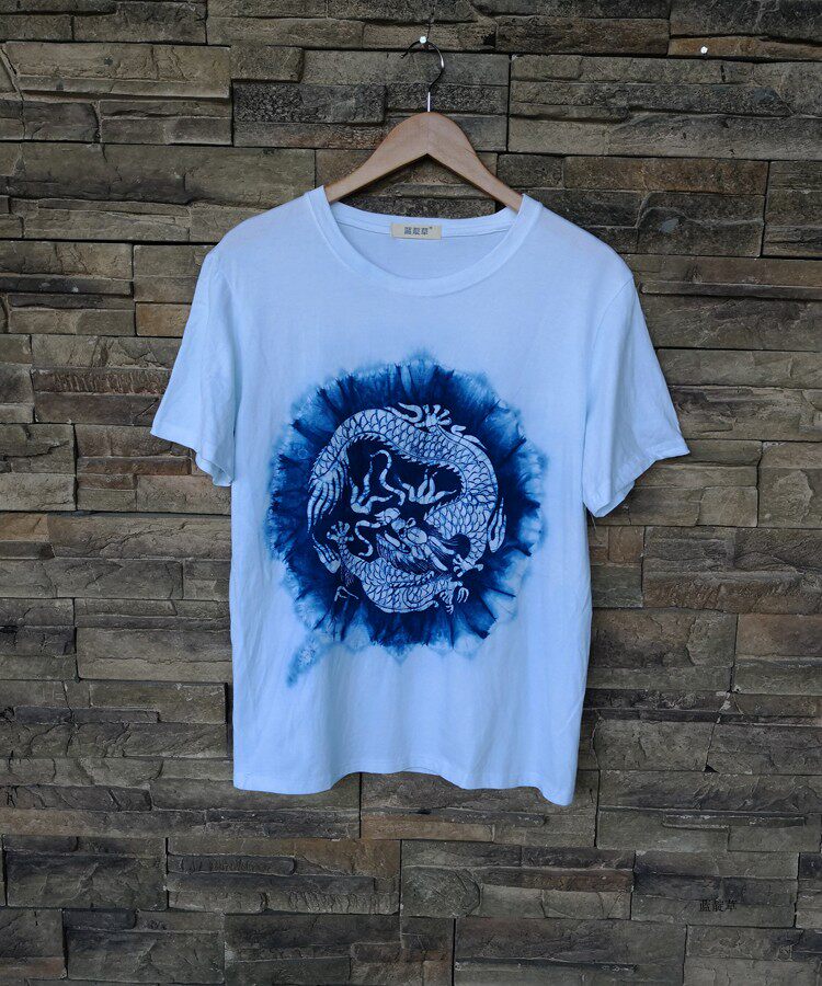 Batik Dye T-shirt Customised Dragon Thread Handmade Plant Dyeing Blue Dye Non-Relic Craft Art Ventron Gift Set to do