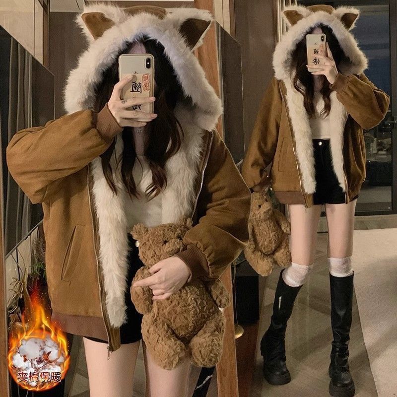 American-Style Sweet and Cool Fur Collar Cotton Jacket for Women, New Autumn and Winter Model with a High-End Feel, Cute Cat Ear Hooded Cotton Coat for Women, Trendy