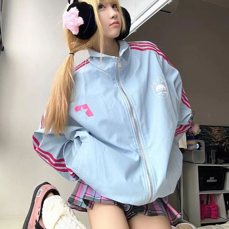 American-Style Striped Windbreaker Jacket for Women, New Spring and Autumn Model, Three-Stripe Patchwork, Loose-Fitting College Style Jacket for Petite Women