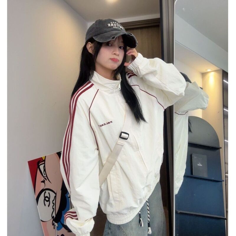 American-Style Three-Stripe Letter Jacket for Women, New Spring and Autumn Korean Style Loose Casual Versatile Stand-Collar Windbreaker for Women
