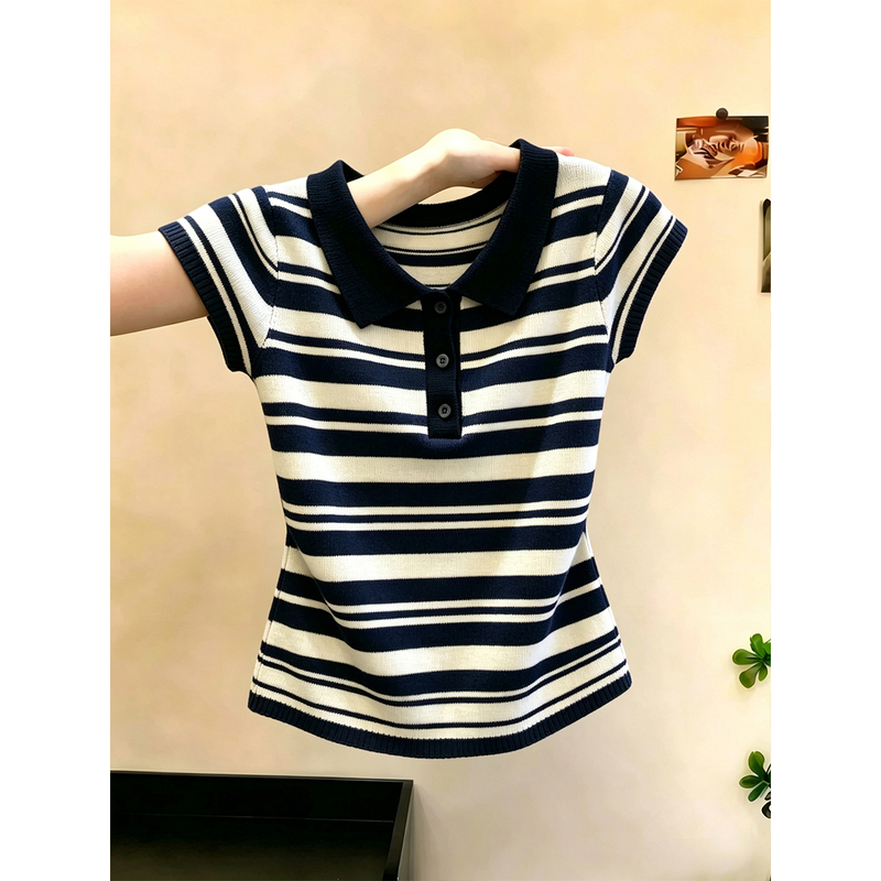 Striped Short-Sleeved Knit Top for Women, New Summer Style, High-End Polo Collar, Color-Blocking, Versatile Commuter Top
