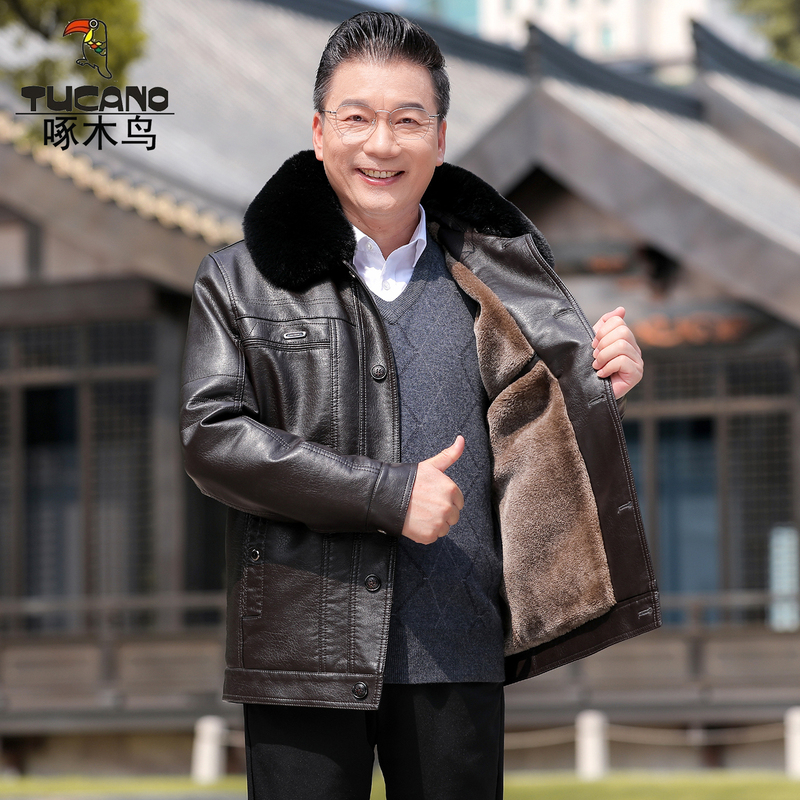 Woodpecker Brand Leather Jacket for Middle-Aged and Elderly Men, Fleece-Lined and Thickened, Genuine Leather Coat, Plus Size, Winter Leather-Padded Jacket for Dad
