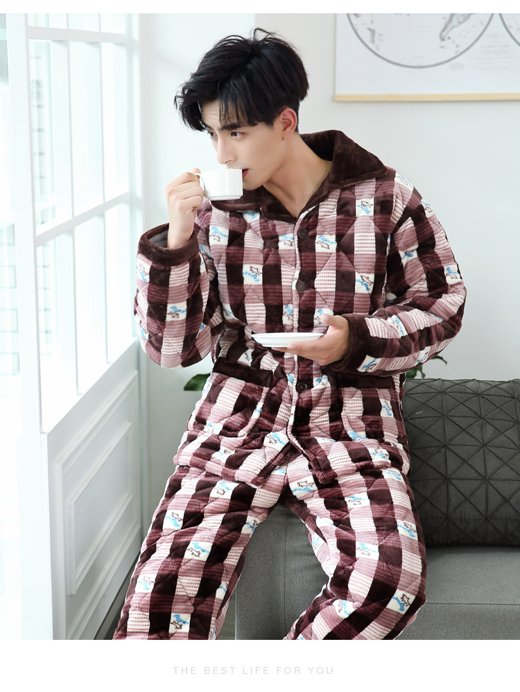 Nam Cực lông cừu san hô đồ ngủ nam ba lớp dày quilted thanh niên nam đồ ngủ flannel cotton áo khoác dịch vụ nhà đồ pijama nam