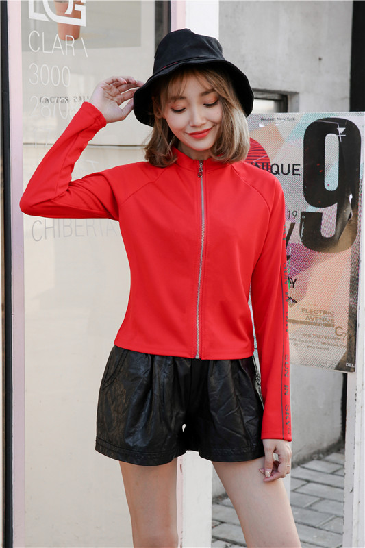 2018 đầu thu mới retro cổng gió thể thao giản dị áo len đen hoang dã ba thanh dây kéo áo ngắn nữ shop đồ nữ