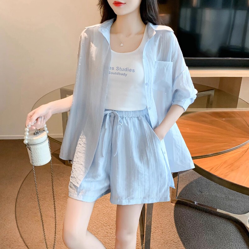 Summer Outfit with a Complete Set of Sun Protection Clothing, Shirt Set for Women, 2026 New Casual Shirt, Camisole, and Shorts Three-Piece Set