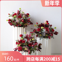 Red rose wedding road guide flower ball combination column flower table guide road decoration activity starting point layout simulation silk flower art