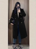Длинное черное демисезонное шерстяное пальто, куртка