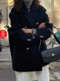 Короткий костюм, черное демисезонное удерживающее тепло шерстяное пальто, подходит для подростков, изысканный стиль