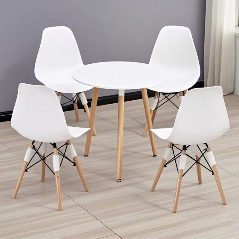 Nordic Eames Round Table, Small Round Table for Home Use, Beech Wood Dining Table, Commercial Reception and Negotiation Table and Chair Set, One Table and Four Chairs Combination Nordic Eames Round Table, Small Round Table for Home Use, Beech Wood Dining Table, Commercial Reception and Negotiation Table and Chair Set, One Table and Four Chairs Combination