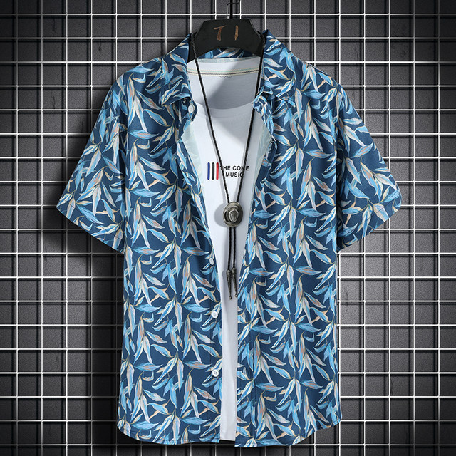 ເສື້ອຍືດແຂນສັ້ນ ຮາວາຍ ສໍາລັບຜູ້ຊາຍ ຄໍເຕົ້າໄຂ່ທີ່ເກົາຫຼີ trendy loose floral shirt ຄູ່ຜົວເມຍຮົງກົງ trendy ຍີ່ຫໍ້ພິມບາງເທິງ