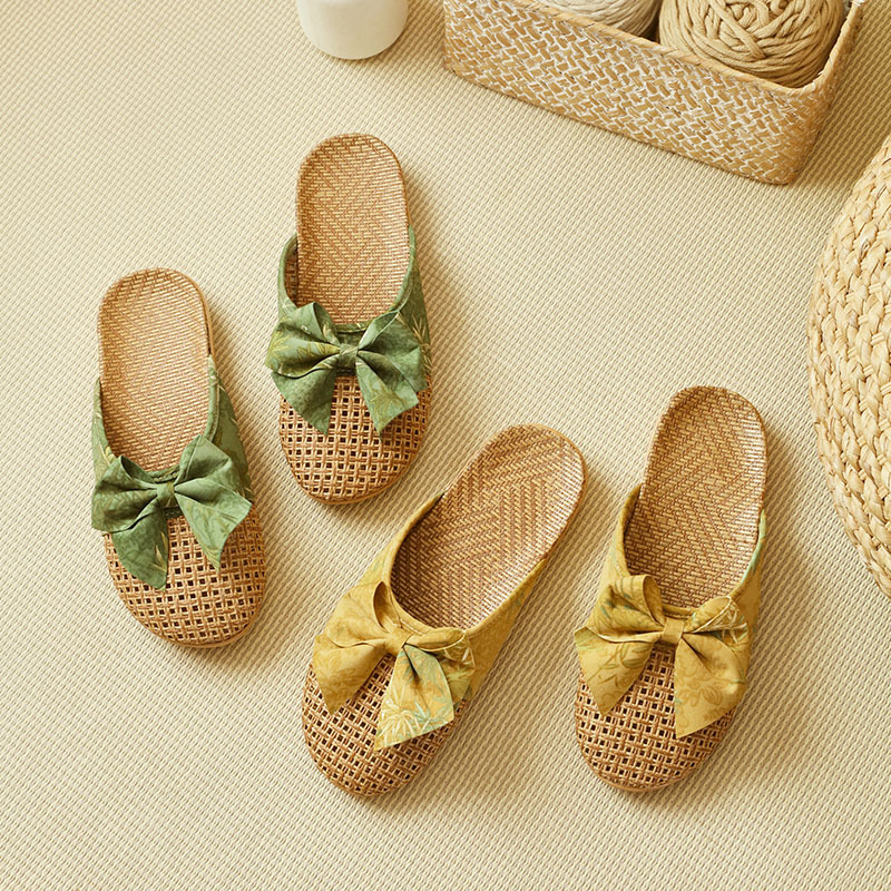 2026 New Romantic Style Linen Bow Slippers for Women, Summer Indoor Non-Slip Light Luxury Home Slippers