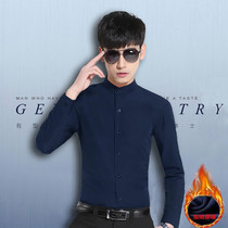  Winter mens stand-up collar shirt black plus velvet thick tunic Korean version of slim youth warm round neck mens shirt