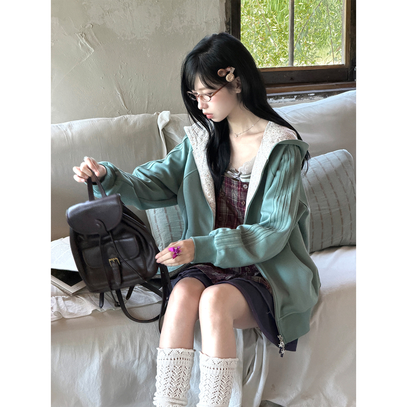 Geng Dou Story Sage Bell* Design-Inspired Patchwork Floral Sweatshirt Jacket Loose Green Hooded Top