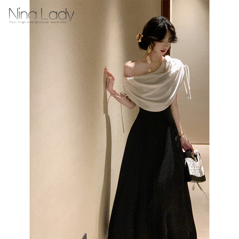 Ninalady French-Style Elegant Draped Collar Waist-Cinching Flared Dress with Unique Design and Asymmetrical Shoulder Hepburn Long Dress