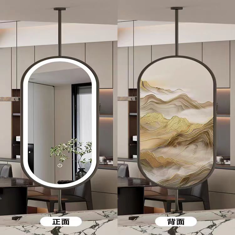 Minimalist Oval Bathroom Mirror with Hanging Touch Light and Double-Sided Art Mirror