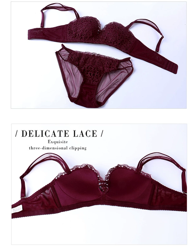 Silky Girl Sexy Gathered No Steel Circle Lace underwear Women Openwork Thêu Wine Red Small Bra Bra Set đồ lót nữ hàng hiệu