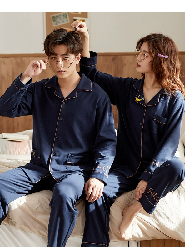 Tân Vận 2020 cặp đôi pyjama mới mùa xuân và mùa thu dài tay cotton mùa thu Hàn Quốc áo nịt hai mảnh mùa thu - Bộ Pajama