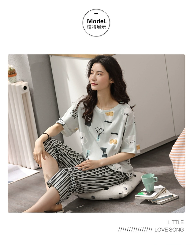 Đồ ngủ của phụ nữ mùa hè mỏng cotton ngắn tay giản dị mùa hè lỏng lẻo cộng với kích thước tươi nghệ thuật sinh viên phục vụ tại nhà phù hợp với - Cha mẹ và con