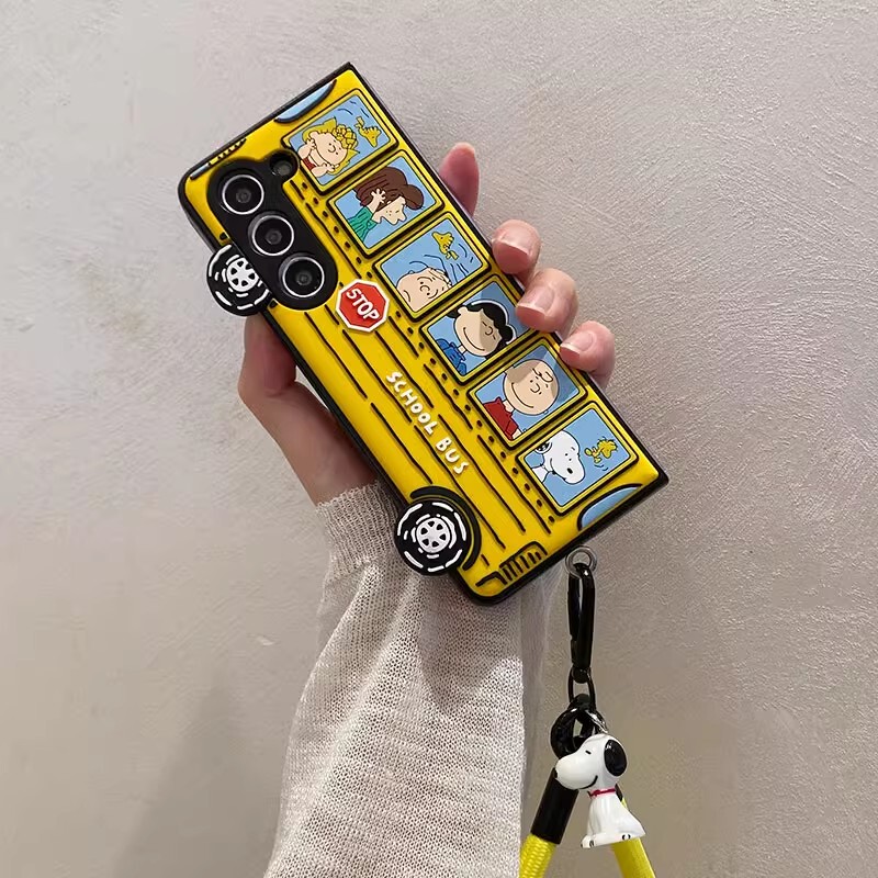 Korean Cartoon Bus Snoopy Charlie Samsung Zfoldable7 Mobile Phone Case Foldableing Screen Foldable5 Hand Rope Fold4 Stereo Relief W24 Anti-Fall Shell Zfold6 Personalized W23/W22 Protective Cover