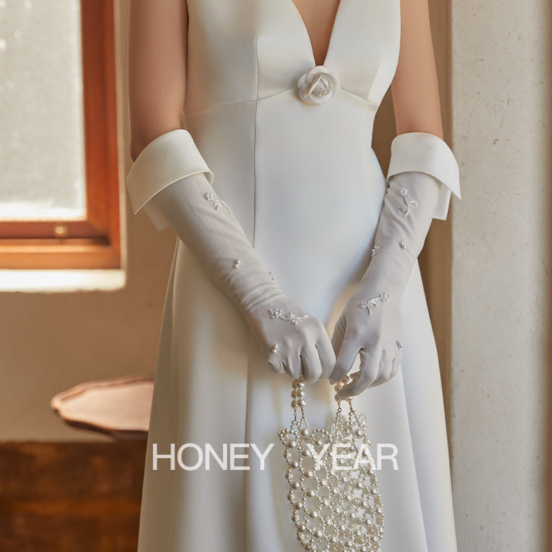 Honey Year "Gloves One" 2026 New Long French Retro Beaded Women's Wedding Gloves for Brides, White