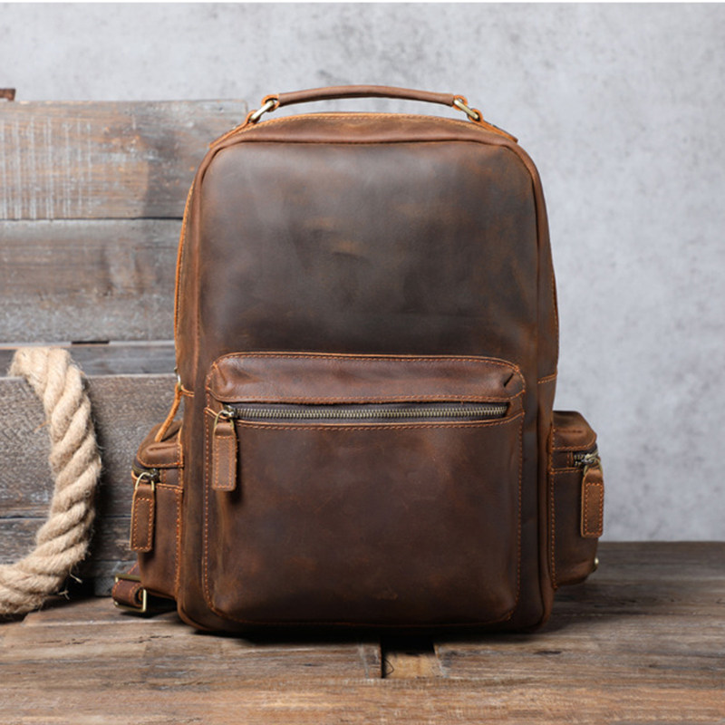 Retro British Crazy Horse leather backpack men's first layer cowhide old travel backpack large capacity leather computer backpack