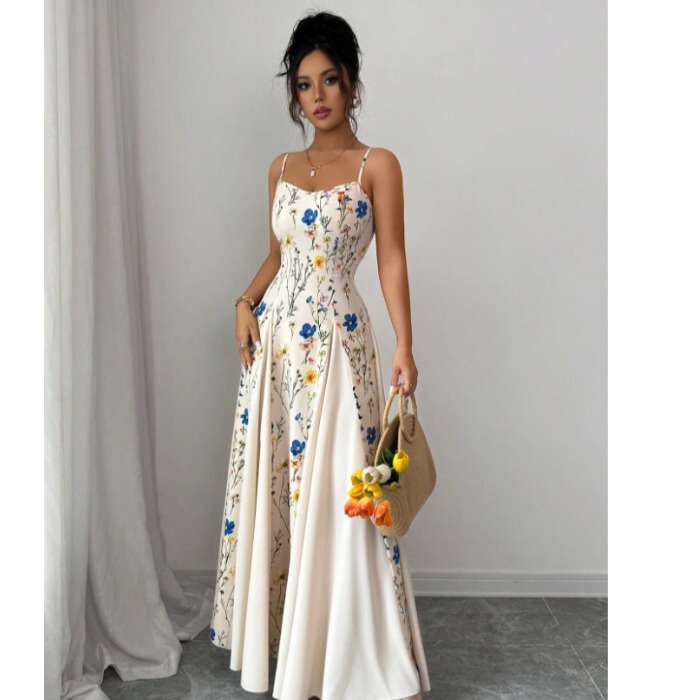 2026 Amazon Cross-Border Fashion European and American Summer New Fashion Printed Women's Slim-Fit Slimming Spaghetti Strap Dress