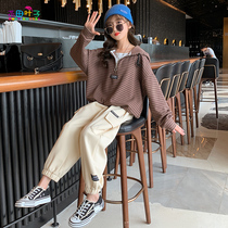 Girls Sweatshirt Spring and Autumn 2021 New style Childrens Autumn Striped Hoodie Girls Autumn Clothes Top Tide