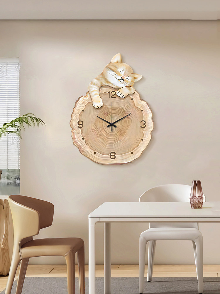 Cat-Shaped Wall Clock Living Room Decoration Nordic Log Style Dining Room Creative Clock Wall Clock Table Side Clock
