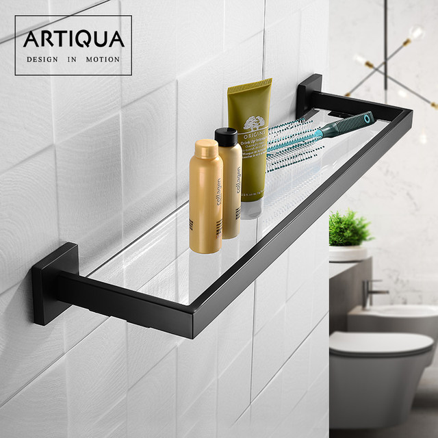 Artiqua304 Stainless Steel Bathroom Storage Rack Wall-Mounted Tempered Glass Cosmetic Rack Single Layer Black