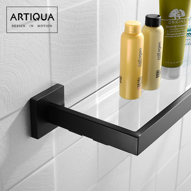 Artiqua304 Stainless Steel Bathroom Storage Rack Wall-Mounted Tempered Glass Cosmetic Rack Single Layer Black