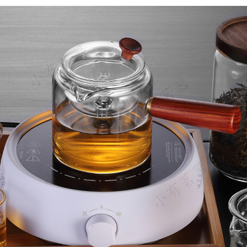 Sun-style side handle glass cooking teapot small green mandarin wood handle high temperature resistant black crystal stove steam cooking tea maker health preserving pot