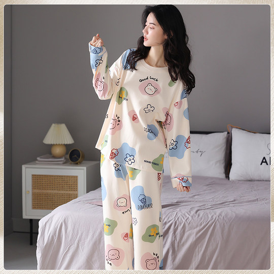 Pure cotton pajamas for women spring, autumn and winter 2022 new long-sleeved trousers can be worn outside women's casual home wear set