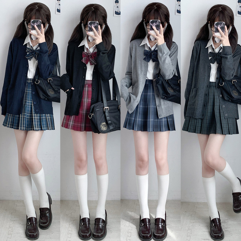 Empty Chestnut Mouse Jk Cardigan Sweater Coat Plaid Skirt Shirt Three-Piece Set Spring and Autumn Jk Plaid Skirt Pleated Skirt Jk Suit for Women