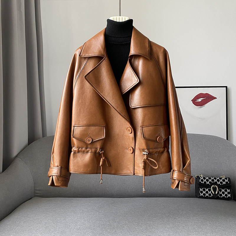 zqqz Hainen genuine leather leather clothing female short spring and autumn in Korean version sheep leather wind clothes cashew leather jacket jacket 2251