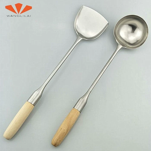 旺利来 Деревянная ручка шпала из нержавеющей стали Большой суп -ложки -фрид -лопата -лопата -жареная кухонная лопатка.