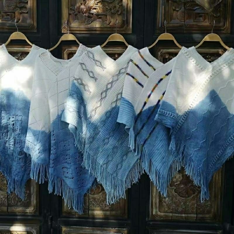 Dali Shawl Yunnan Bai Ethnic Tie-Dye Knitted Artistic Warm Blue and White Shawl Casual Comfortable Soft Tie-Dye Fabric