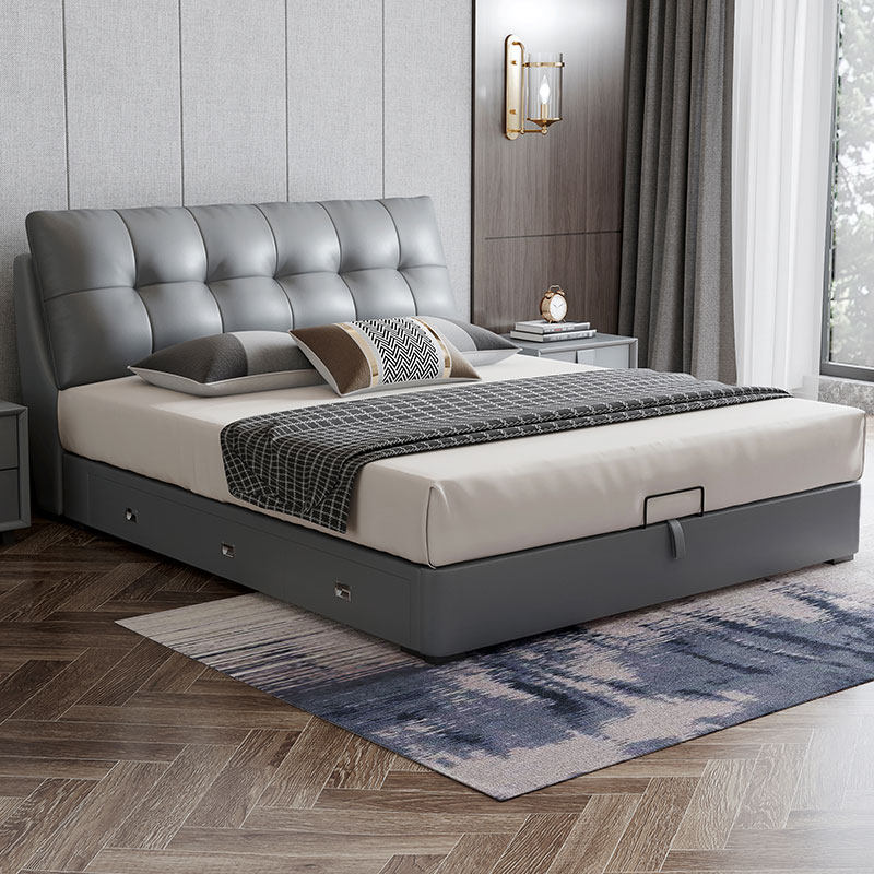 Tatami leather headbed headbed cow leather double modern minimalist master bedroom wedding bed Nordic style light lavish small family furniture